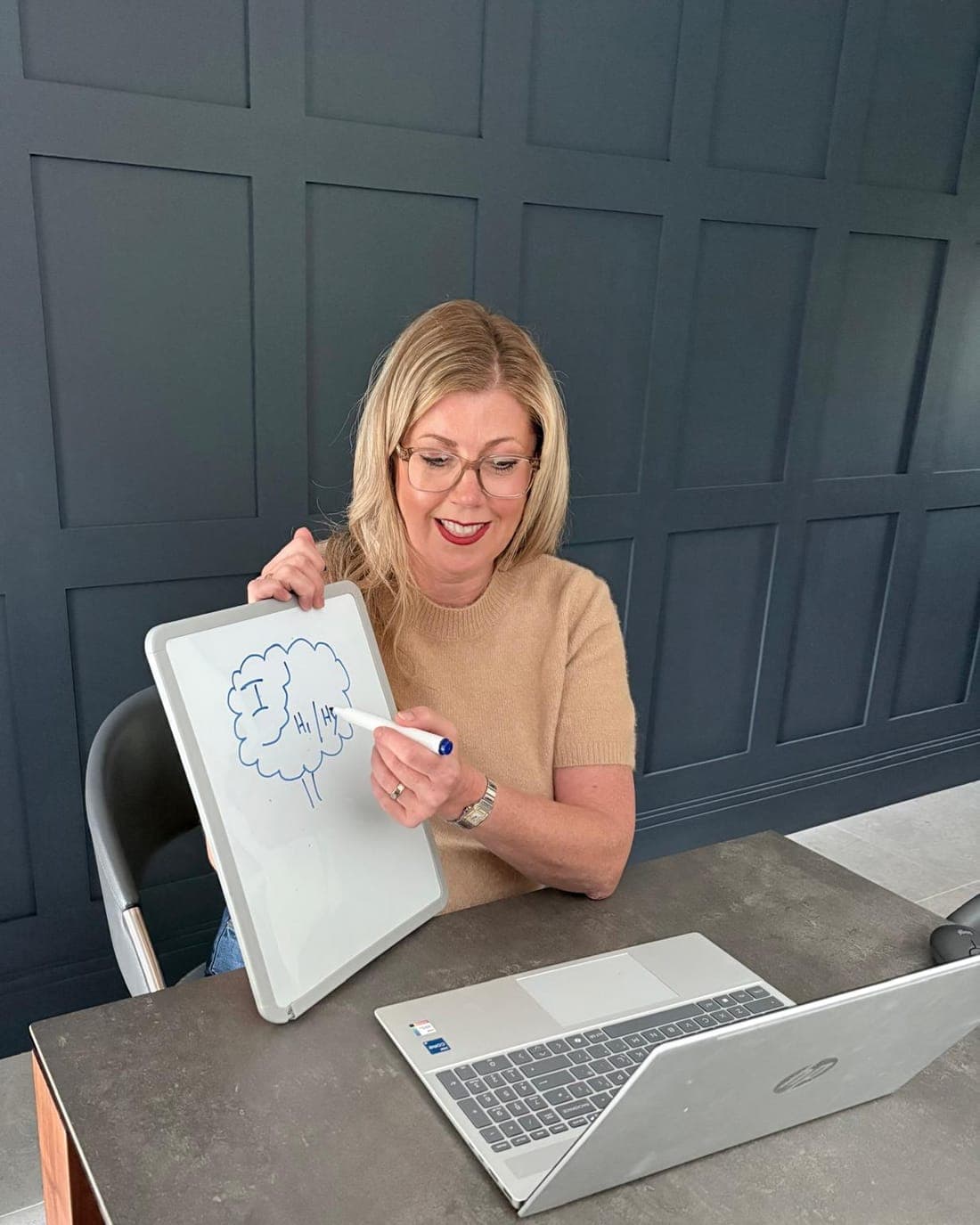Jo Smith at a table, pointing with a marker at a brain she has drawn on a small whiteboard